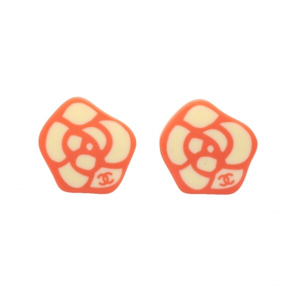 Chanel Earrings Coco Mark Camellia GP Plated Plastic Gold Pink Ivory W...